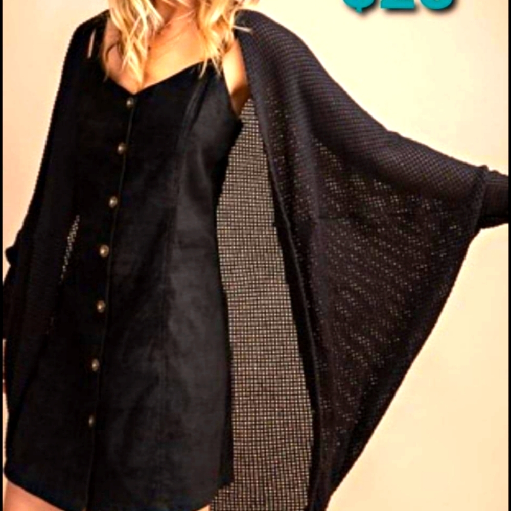 Open Front Batwing Sleeve Rib-Knit Coat black